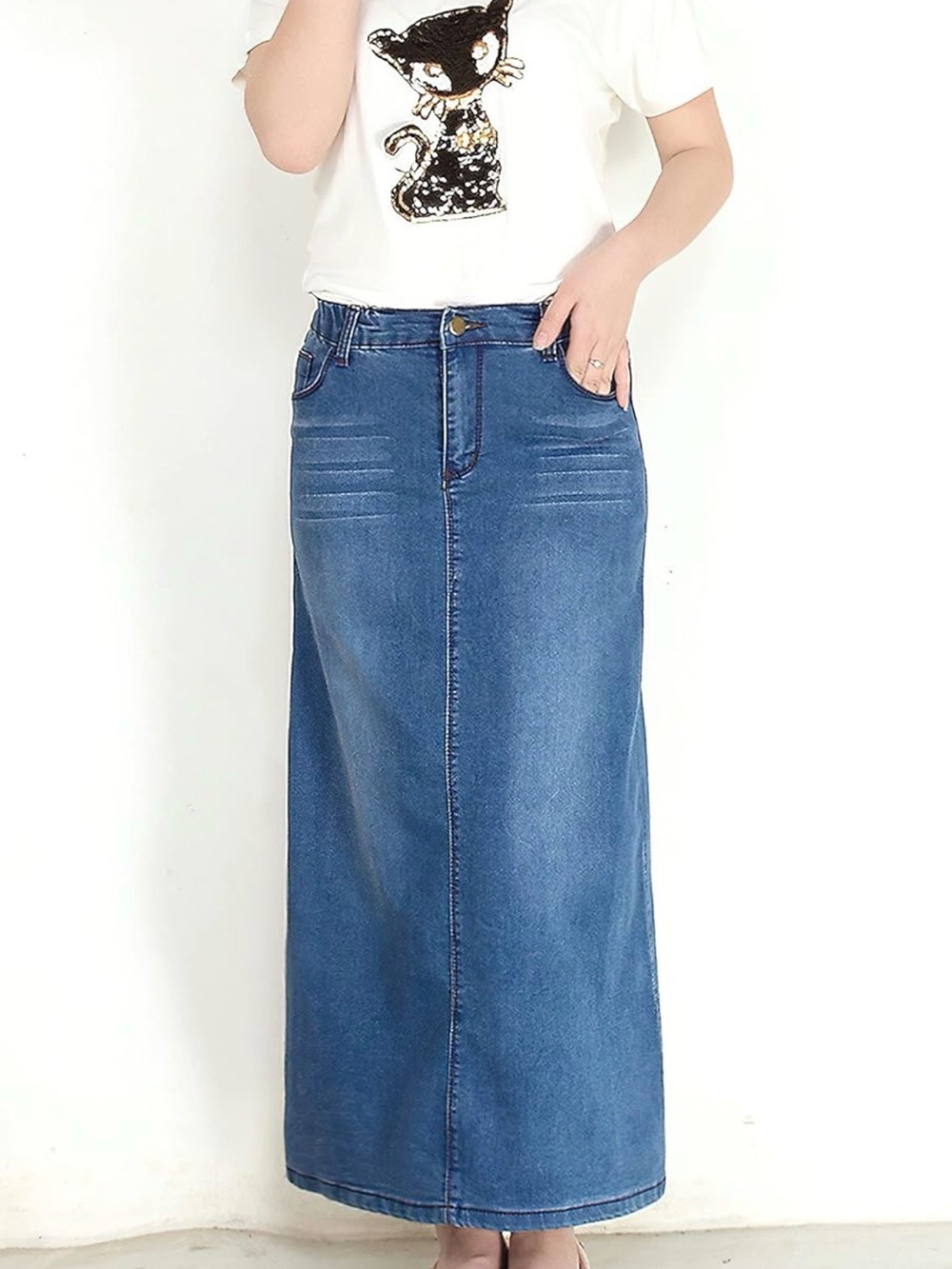 New Medium Denim Skirt Stretch Spandex Pockets Chouyatou Long Maxi Jean